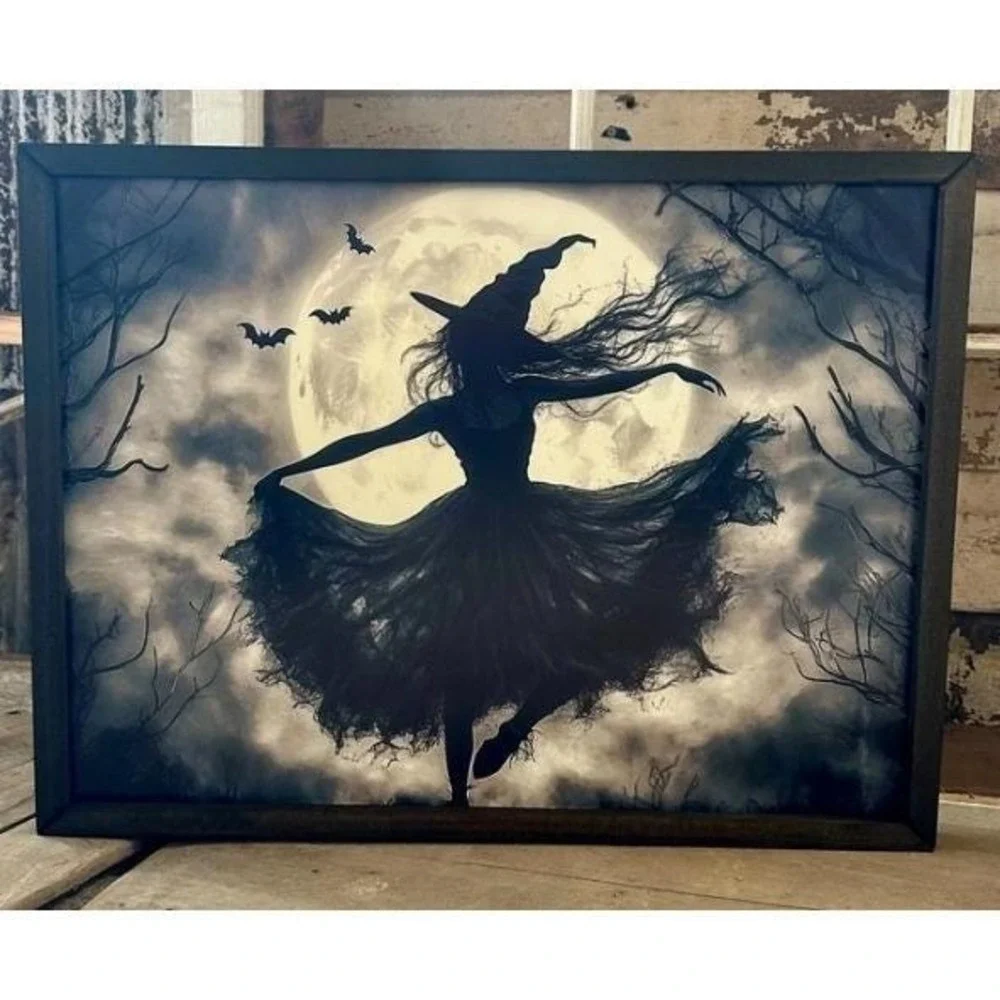Moon Witch Box Frame Halloween Picture 12x16 Wall Decor Full Moon Gothic NEW